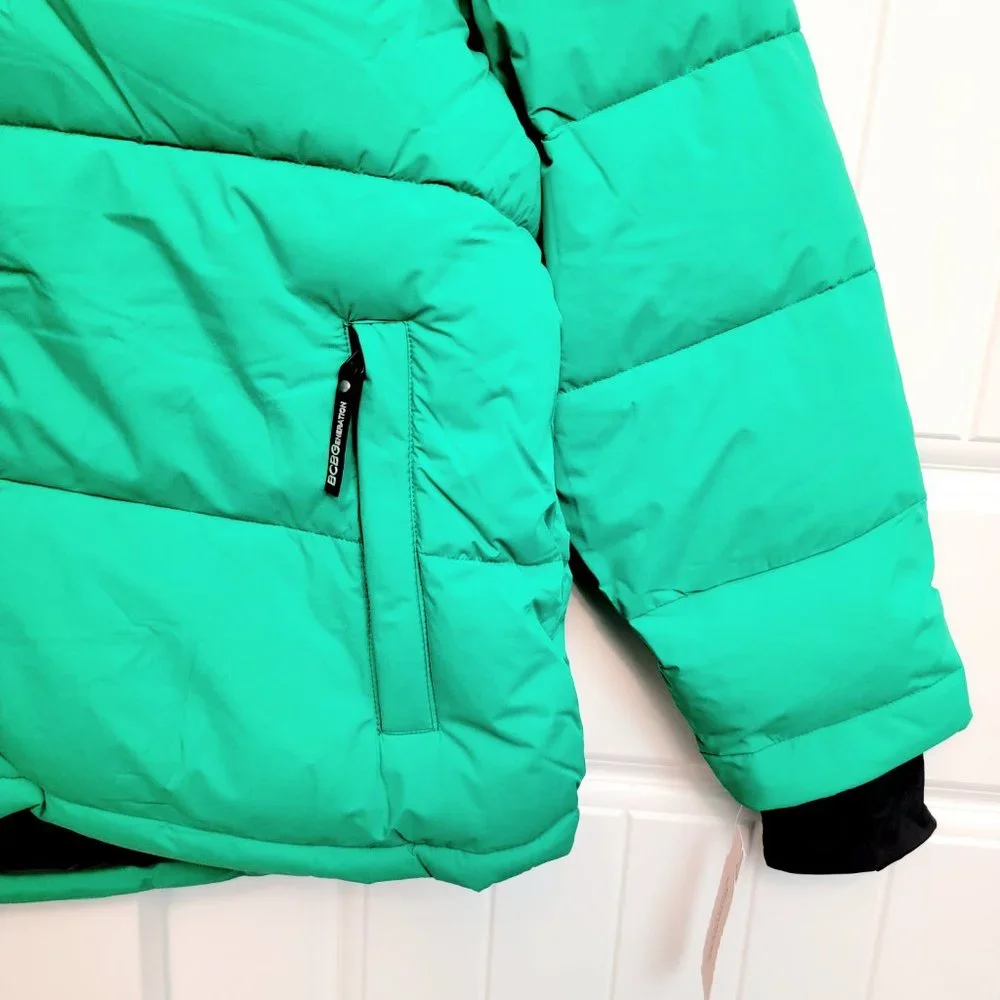 BCBGeneration Size XL Colorblock Hooded Puffer Jacket Kelly Green NWT $228